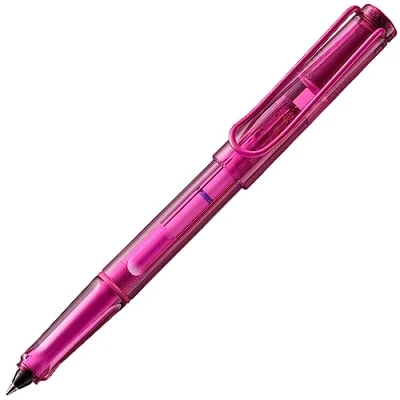 Afbeelding van Lamy Balloon rollerball 311 volledig transparante in de kleur roze met opvallende greep en gepoedercoate metalen clip rollercartridge lijnbreedte B