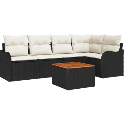 Afbeelding van vidaXL 6 delige Tuin Sofa Set met Kussens Zwart Poly Rattan Acacia, 2 zitter