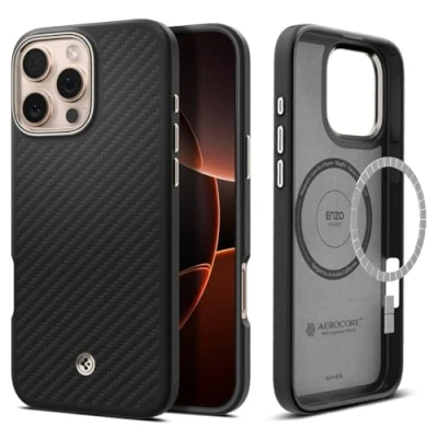 Afbeelding van Spigen Enzo Aramid Hoesje Geschikt voor Apple iPhone 16 Pro Max Aramide Back Cover Compatibel met MagSafe Militaire Standaard Matte Zwart