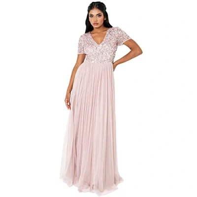 Afbeelding van Maya Deluxe Dames V hals versierd maxi jurk bruidsmeisje, mat roze, 12