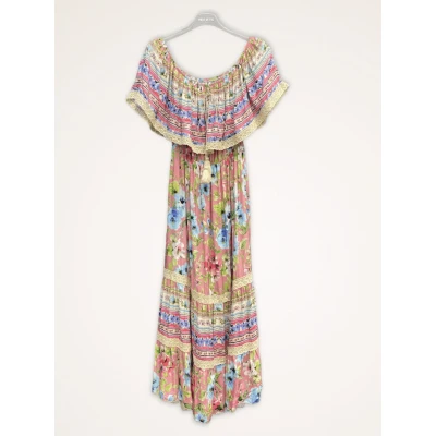 Afbeelding van Mooi boho vintage maxi jurk met overlap volant in ROOS kleur maat 38/40