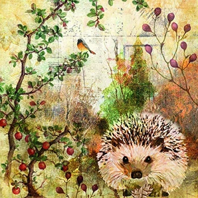 Afbeelding van 20 servetten egels in geschilderde herfstscène Dieren Herfst 33x33cm