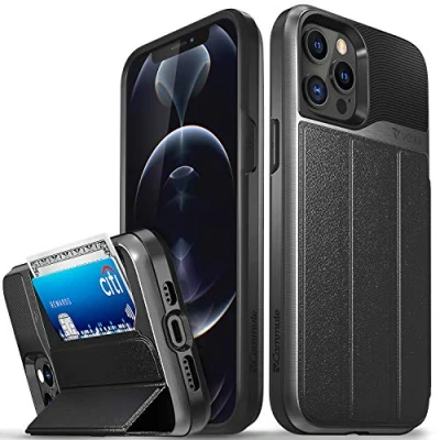 Afbeelding van VENA vCommute Beschermhoes compatibel met Apple iPhone 12 Pro Max (6,7 inch) (Militaire Grade, Kaartsleuven), Lederen Portemonnee, Hoesje Standfunctie, Grijs