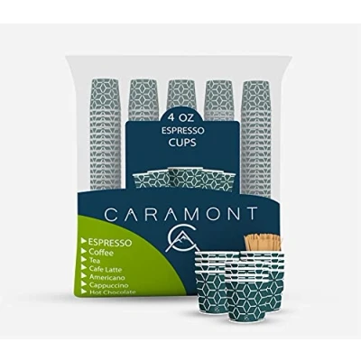 Afbeelding van Caramont, 4 oz 400 espressobekers van karton met roerder hout, milieuvriendelijk en wegwerpbaar, hittebestendig, hoogwaardig karton, ideaal voor alle warme dranken; koffie, thee, chocolade enz.