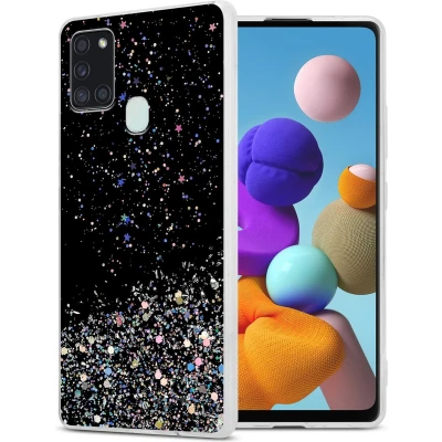 Afbeelding van Cadorabo Hoesje geschikt voor Samsung Galaxy A21s in Zwart met Glitter Beschermhoes van flexibel TPU silicone fonkelende glitters Case Cover Etui