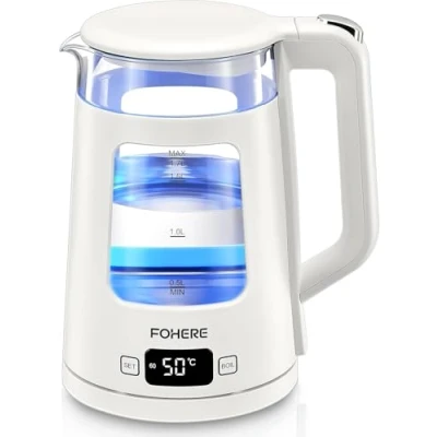 Afbeelding van Elektrische waterkoker, 1,7 l waterkoker van glas met keep warm functie, 5 temperatuurregelingen, 2200 W snelkookduur, automatische uitschakeling en bescherming tegen droogkoken, wit