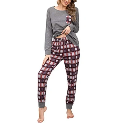 Afbeelding van Doaraha Pyjama Dames Set Tweedelige Nachtkleding Lange Katoenen Mouw Loungewear Ronde Hals Slaapshirt &amp; Geruite Pyjamabroek