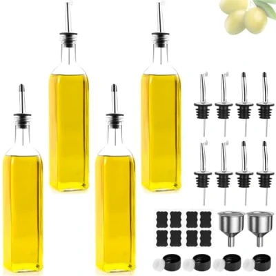 Afbeelding van Oliefles 500 ml azijn en oliedispenser, olijfoliefles met trechter, aanslagvrij deksel, etiket, glazen fles voor keuken BBQ (transparant, ml)