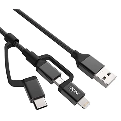 Afbeelding van InLine Lightning, Micro USB en C combi kabel zwart 1,5 meter