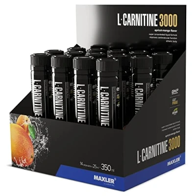 Afbeelding van Maxler L Carnitine 3000 Abrikoos Mango 14x25ml Hooggedoseerde Vloeistof Veganistisch voedingssupplement mg actieve ingrediënten per portie 14 porties