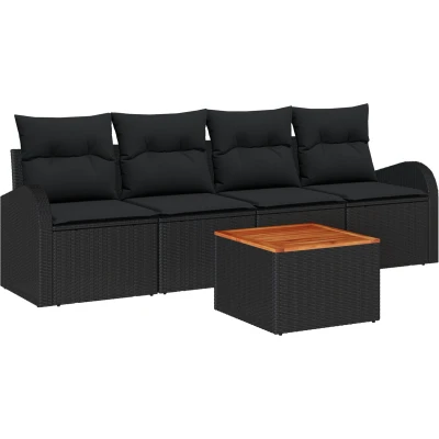 Afbeelding van vidaXL 5 delige Tuinbankset met Kussens Zwart Poly Rattan Acacia
