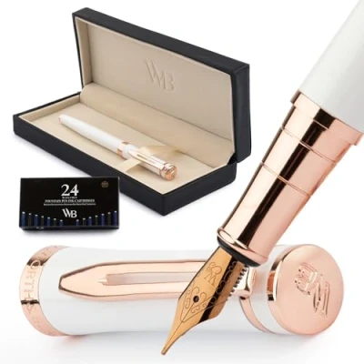 Afbeelding van Wordsworth &amp; Black Vulpenset, 18K vergulde medium penpunt, inclusief 24 stuks inktcartridges, inktnavulconverter en geschenkdoos, gouden afwerking, kalligrafie, [wit roségoud], perfect voor mannen