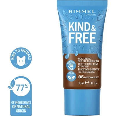 Afbeelding van 1+1 gratis: Rimmel KIND &amp; FREE Vegan Foundation 605 Deep Chocolate 30 ml