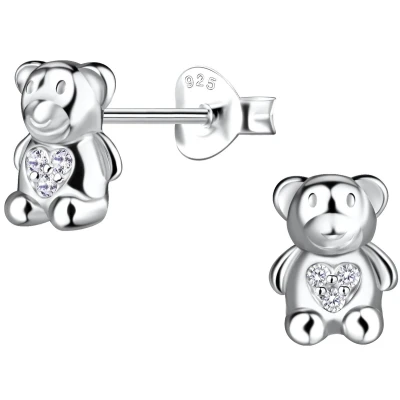 Afbeelding van JoyS Zilveren beer oorbellen 7 x 9 mm hartje zirkonia sterling zilver 925