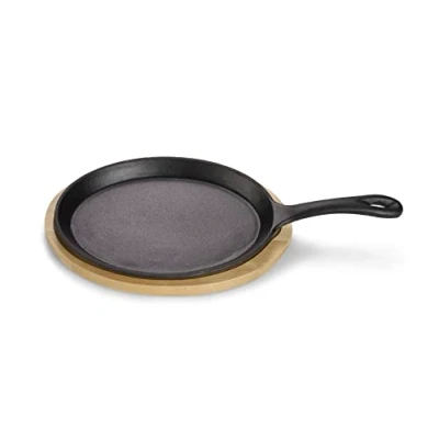 Afbeelding van ECHTWERK Serveerpan van gietijzer, mini pannetje met serveerplank, kleine grillpan, al ingebrand, geschikt voor oven, grill, BBQ en inductie, Ø 18,5 cm