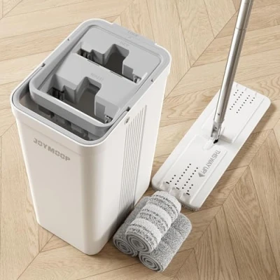 Afbeelding van JOYMOOP dweil en emmer met wringer set, plat, voor vloerreiniging 3 microvezelpads, nat droog gebruik, huishoudelijke schoonmaakgereedschap, hardhout, laminaat, tegels