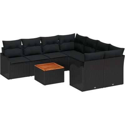 Afbeelding van vidaXL 9 delige Tuin Sofa Set met Kussens Zwart Poly Rattan Acacia, 2 zits Opbergruimte &amp;