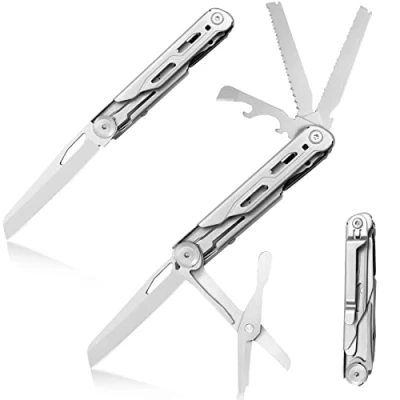 Afbeelding van HONZIN 8 in 1 Zakmes Roestvrijstalen Multitool met Glasbreker, Flesopener, Blikopener, Zilveren Zakmessen Camping Overlevingsmes, Enkel Rand