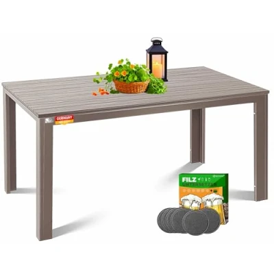 Afbeelding van KESSER® Tuintafel, 156 x 78 cm, voor maximaal 6 personen, eettafel, weerbestendig en uv bestendig, buitentafel met gepoedercoat stalen frame kunststof tafelblad in hout look, inclusief vilten