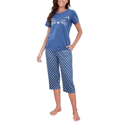 Afbeelding van Reliwel Pyjama voor dames, katoenen pyjama, top met korte mouwen en broek zakken, tweedelige bedrukte pyjamasets, zachte comfortabele nachtkleding, casual loungewear, S XXL,
