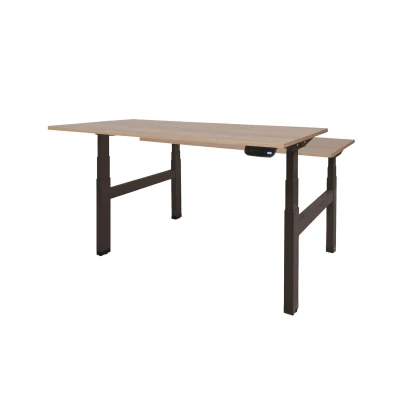 Afbeelding van Dextro plus duo zit/sta 180x80cm, electrisch hoogte verstelbare werkplek, H poot frame. Frame kleur zwart (RAL9005) en blad Havanna/Kersen Licht.