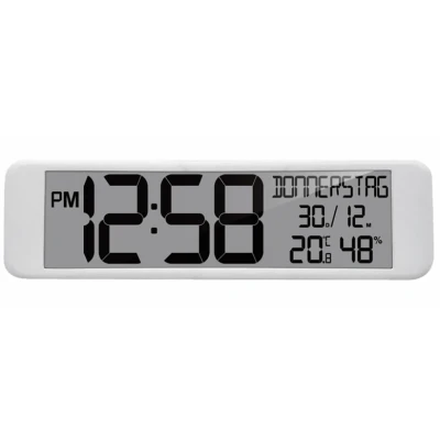 Afbeelding van Zendergestuurde wandklok wit rechthoekig 440x30x120mm de radioklok met datum, temperatuur, thermometer, hygrometer