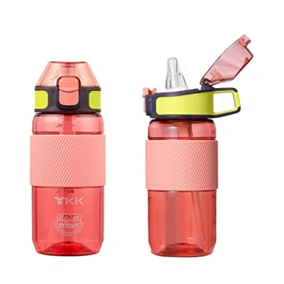 Afbeelding van TITIROBA TKK drinkfles met rietje, 450 ml, lekvrij, BPA vrij, Tritan, spotr voor fiets, camping, yoga, gym, roze 1003