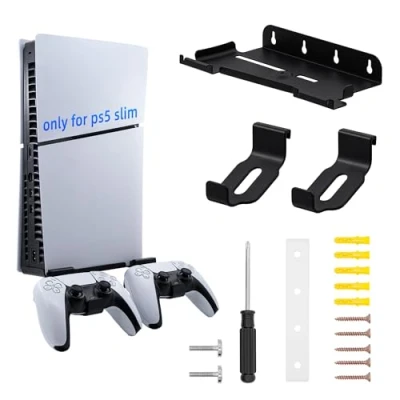 Afbeelding van Mcbazel PS5 Slim Wall Mount with 2 Hook for Controller, Steel Metal Material Suspension Bracket Durable Accessories Playstation 5 Disc/Digital Edition Black