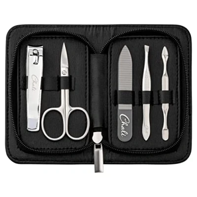 Afbeelding van Chali® Manicure Set 5 delig, Nagelset Roestvrij Staal voor Dames en Heren met Etui Nagelschaar, Nagelknipper, Glazen nagelvijl, Nagelriem duwer, Pincet