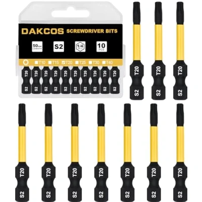 Afbeelding van DAKCOS T20 lange bit, Torx Bit T20, S2 bitset, 1/4 zeskantschacht schroefbit (lengte: 50 mm, 10 stuks)