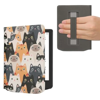 Afbeelding van kwmobile E reader hoesje geschikt voor Pocketbook Verse / Pro Color Vivlio Light HD hoes flip case met magneetsluiting Ereader cover Katten design in oranje zwart wit