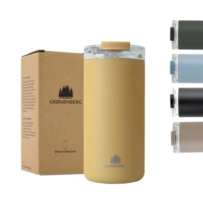 Afbeelding van Thermosbeker 350 of 470 ml, koffiebeker voor onderweg, 100% lekvrij, houdt minstens 4 uur warm Coffee to go beker gemaakt van gerecycled roestvrij staal (Mustard, 473 ml)