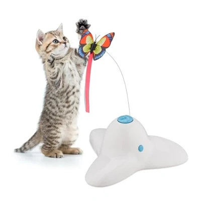 Afbeelding van Relaxdays kattenspeeltje met vlinder, HxBxD: 33,5 x 20,5 18 cm, interactief kattenspeelgoed, elektrisch speeltje, wit