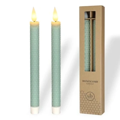 Afbeelding van comforder Led kaarsen met flikkerende vlam, set van 2, elektrische staafkaarsen timerfunctie, werkt op batterijen, honingraat look, eucalyptusgroen