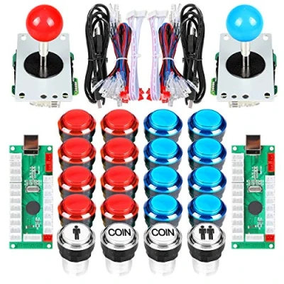 Afbeelding van EG STARTS Arcade Set deel 2 x 8 weg joystick + 16 LED verlichte toetsen spelers munttoetsen voor Raspberry Pi 3B project model DIY rood en blauw