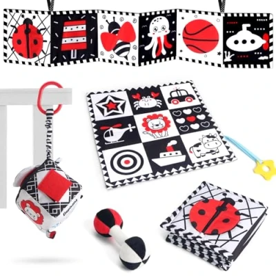 Afbeelding van PQETBV zwart wit baby sensory boek, boeken met spiegel, voor autostoel, pluche rammelaars kinderen van 0, 3, 6, 9 tot 12 maanden, pasgeboren, pasgeboren