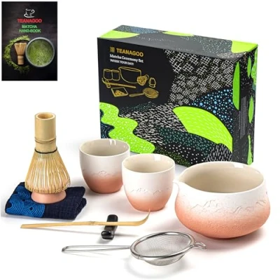 Afbeelding van TEANAGOO Matcha Set Klopper Kom met Schenktuit Schep Whisk Houder Thee Making Kit. Japanse theeset (7st) + 2 kopjes (5.6oz), S35, kleurverloop roze wit, kleurvak...