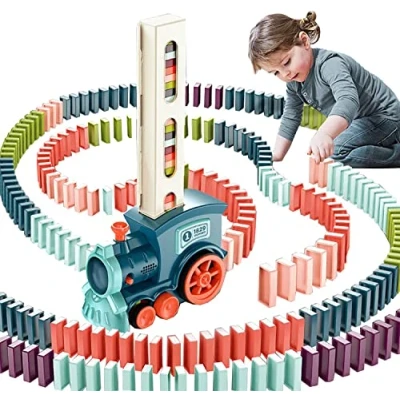 Afbeelding van OBEST 180 stuks domino treinspeelgoedset, elektrische rallytrein met licht en geluid, automatisch legblokken, stapelspeelgoed voor kinderen, educatief speelgoed jongens meisjes