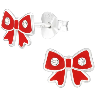 Afbeelding van JoyS Zilveren kerst strik oorbellen rood 8 x 6 mm kristal kinderoorbellen