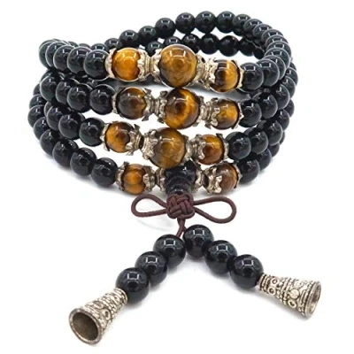 Afbeelding van Thajaling 6MM Obsidiaan Armband 108 Kralen Mala Tibetaanse Boeddhistische Boeddha Tijgeroog Ketting, 25.8 inch,