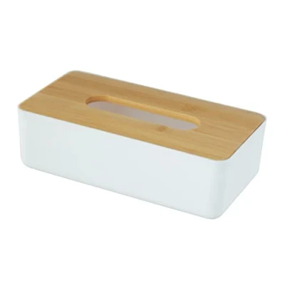Afbeelding van WENKO Tissuedoos Rotello, box voor tissues of zakdoekjes, kunststof doos met bamboedeksel, gemakkelijk af te nemen, het opbergen van standaard kartonnen dozen, 24 x 7,5 12,7 cm, wit/natuur