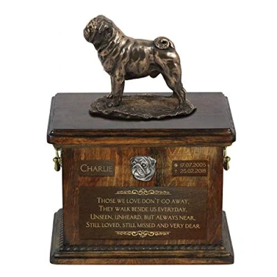 Afbeelding van Art Dog Custom Sitting Statue Memorial Urn Handgemaakt koud gegoten brons op berkenhouten voet 8,3x11,4x8,7 5l Pukkel ik