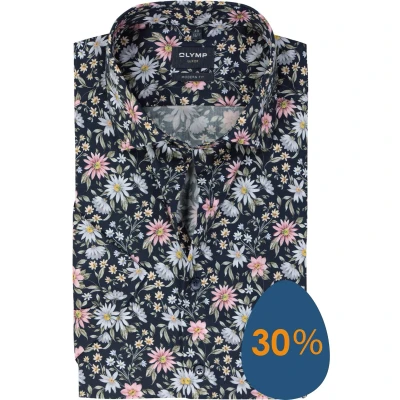 Afbeelding van OLYMP modern fit overhemd korte mouw popeline marine blauw dessin Strijkvrij Boordmaat: 39