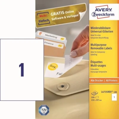 Afbeelding van AVERY® Zweckform universele etiketten, L4735 REV 100, 210 x 297 mm, verwijderbaar