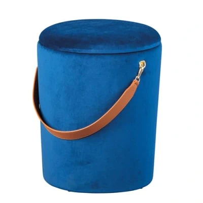 Afbeelding van Emmervormige hocker van fluweel met hengsel kunstleer, blauw, 35 x 45 cm