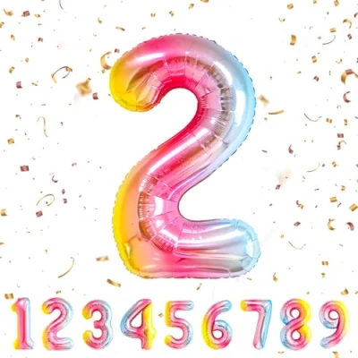 Afbeelding van Ballonnen verjaardag 2 jaar regenboog 101 cm ballon cijfer decoratie vlinderdas met helium