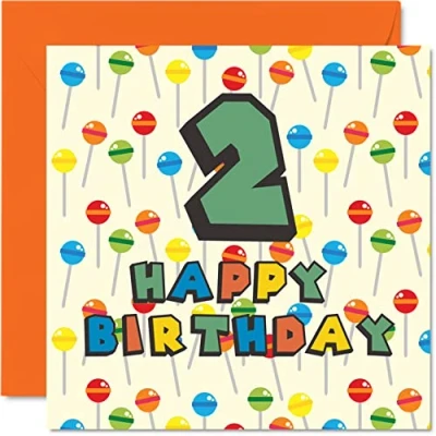 Afbeelding van 2e verjaardagskaart unisex Lollipop Sweets Candy Happy Birthday Card 2 jarige zoon dochter broer zus kleinzoon kleindochter nichtje neef neef, 145 mm x tweede verjaardag wenskaart