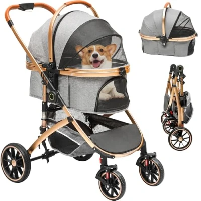Afbeelding van DWVO Hondenwagen, 3 in 1 hondenbuggy tot 22 kg, hondenbox, transporttas, opvouwbare kattenwagen, netramen, bekerhouder, 360 graden slijtvaste EVA wielen, voor kleine honden en katten, grijs