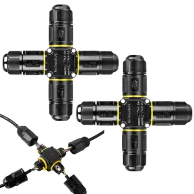 Afbeelding van Kabelverbinder, waterdicht, 3 polig, IP68 verbindingsmof, aardkabel, verdeeldoos, 4 weg voor Ø 12 mm kabeldiameter, kabelmof, aansluitdoos, buiten, 2 stuks, zwart