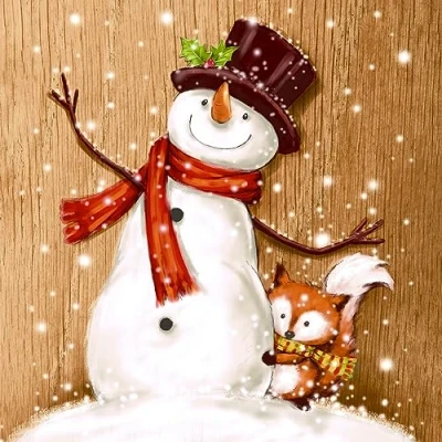 Afbeelding van 20 servetten Kerstmis vos aan sneeuwpop als tafeldecoratie. Papieren met motief. Ook voor decoupage en servettechniek 33x33cm